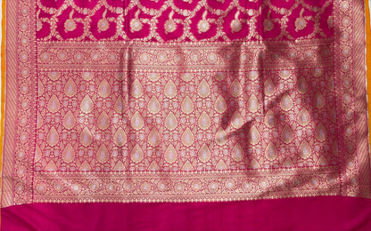 Faishana Presents Pink Katan Silk Floral Tilfi Zari Mina Jaal with Leaf Pattern Silver Mina Pallu Zari Border and Pink Blouse