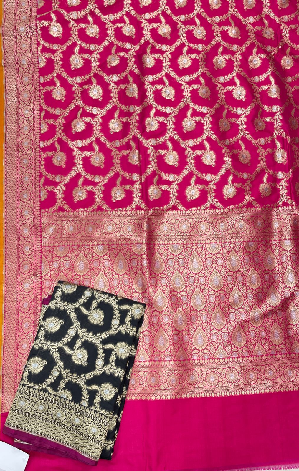 Faishana Presents Pink Katan Silk Floral Tilfi Zari Mina Jaal with Leaf Pattern Silver Mina Pallu Zari Border and Pink Blouse