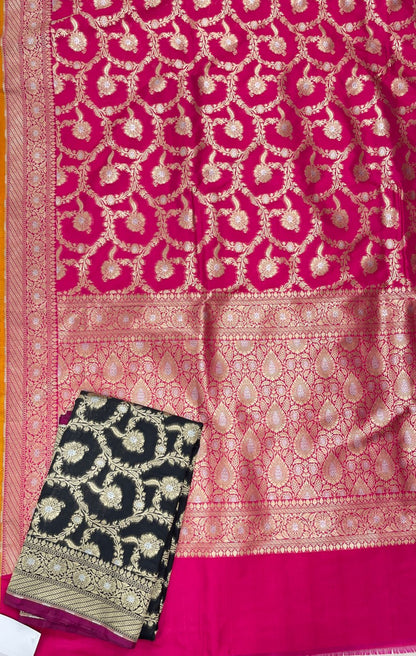 Faishana Presents Pink Katan Silk Floral Tilfi Zari Mina Jaal with Leaf Pattern Silver Mina Pallu Zari Border and Pink Blouse
