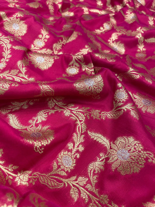 Faishana Presents Pink Katan Silk Floral Tilfi Zari Mina Jaal with Leaf Pattern Silver Mina Pallu Zari Border and Pink Blouse