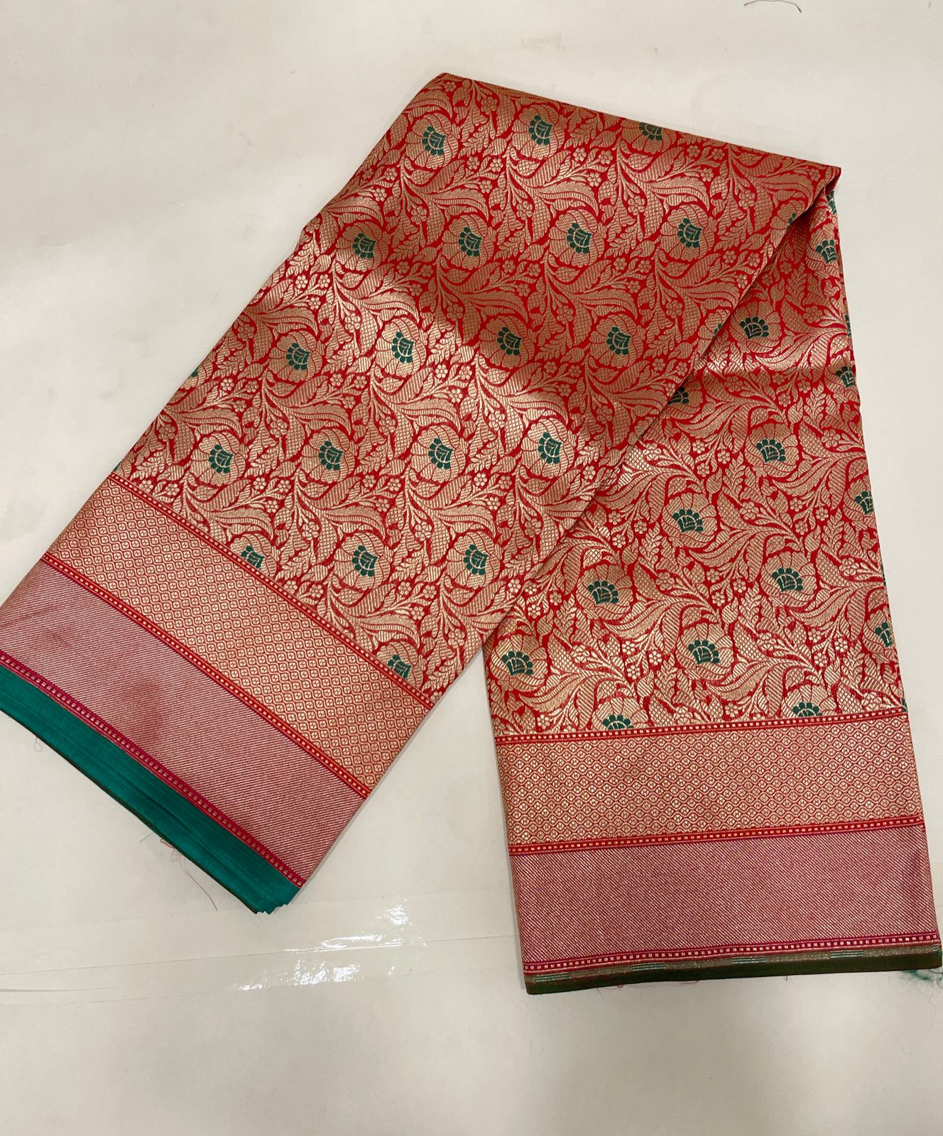 Faishana Presents Red Katan Silk Floral Zari Mina Jaal with Banarasi Zari 2D Border and Pallu with Red Blouse