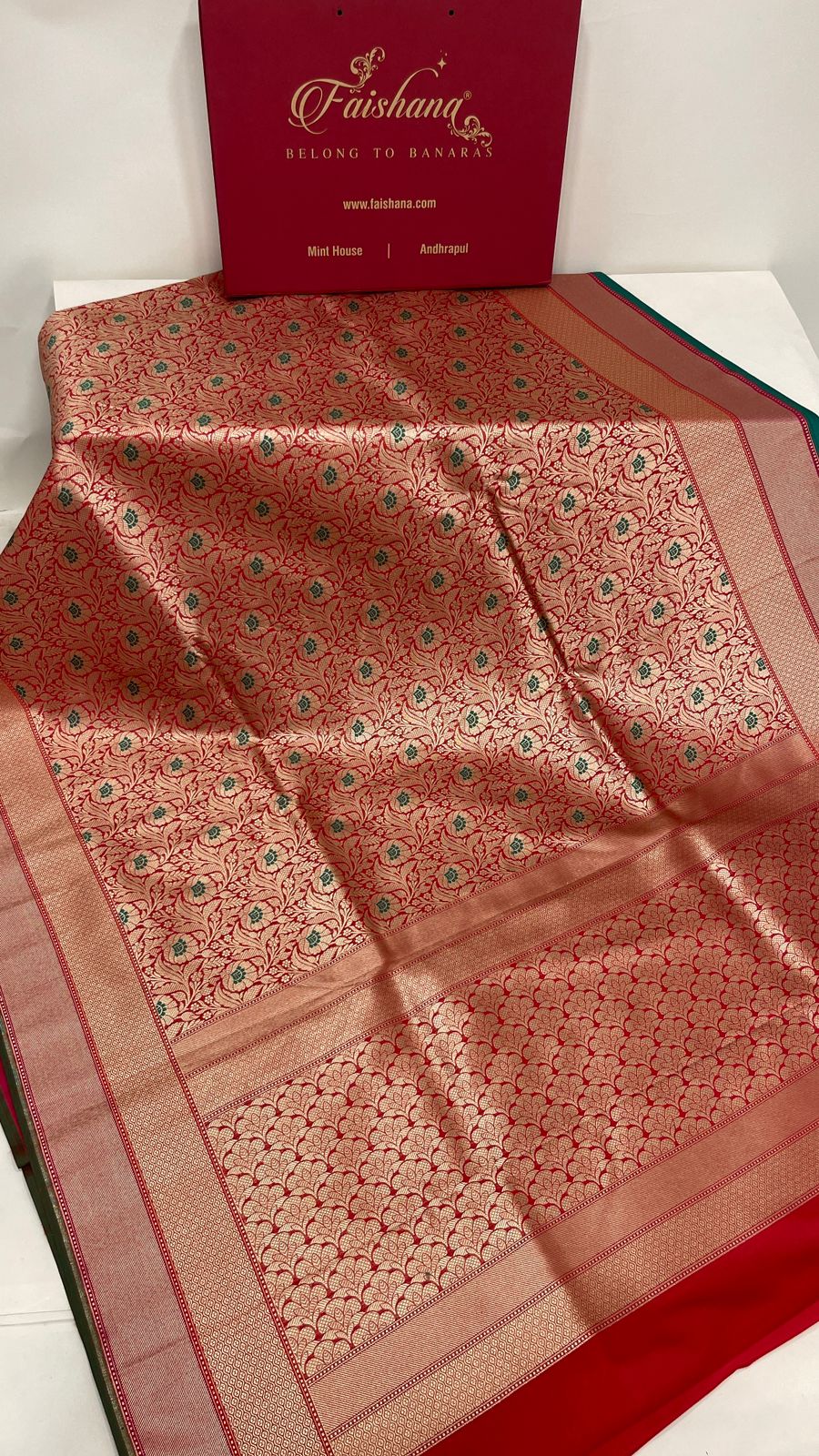 Faishana Presents Red Katan Silk Floral Zari Mina Jaal with Banarasi Zari 2D Border and Pallu with Red Blouse