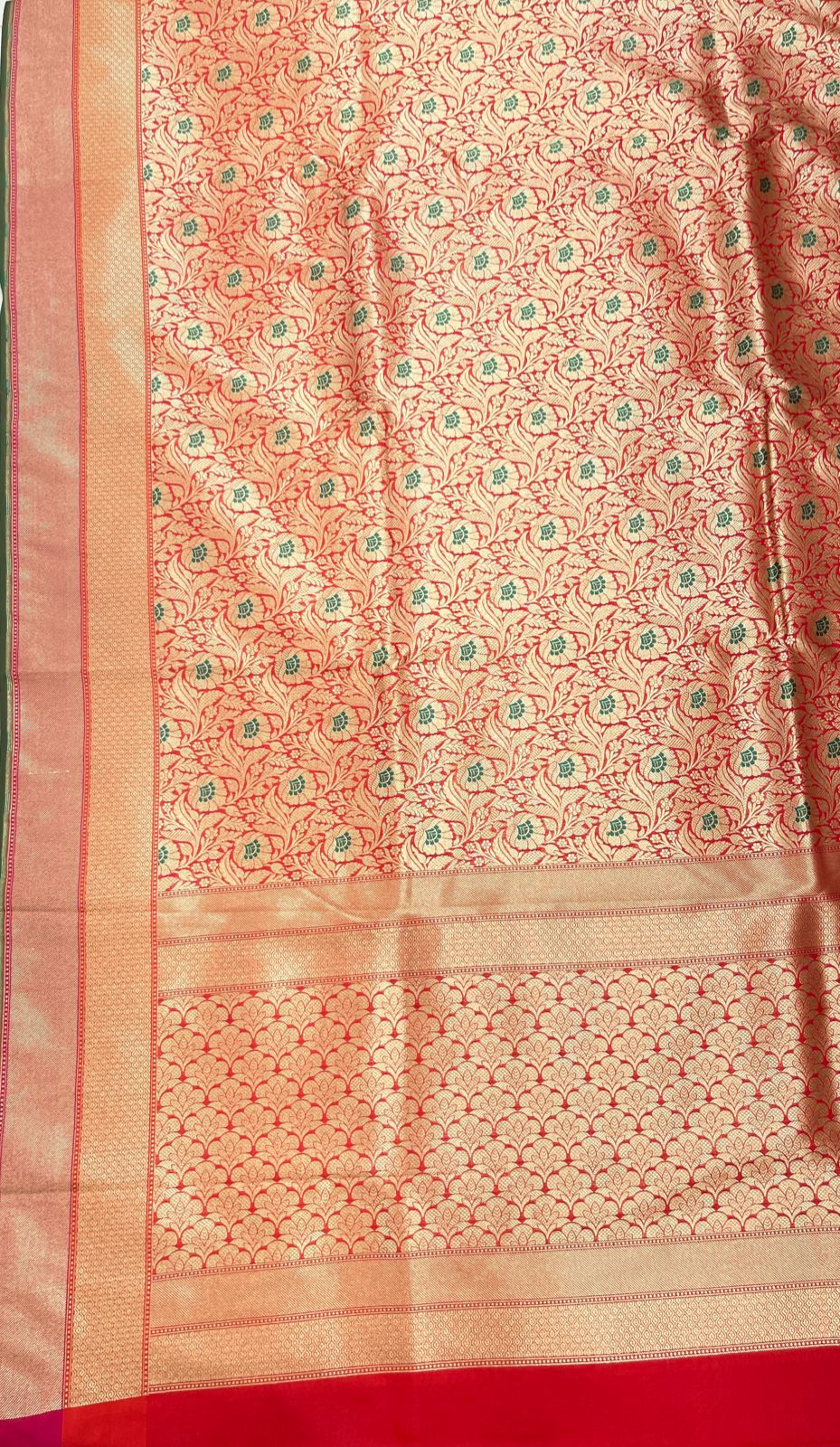 Faishana Presents Red Katan Silk Floral Zari Mina Jaal with Banarasi Zari 2D Border and Pallu with Red Blouse