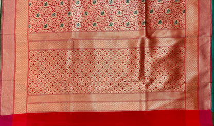 Faishana Presents Red Katan Silk Floral Zari Mina Jaal with Banarasi Zari 2D Border and Pallu with Red Blouse