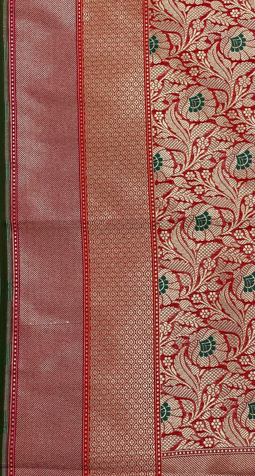 Faishana Presents Red Katan Silk Floral Zari Mina Jaal with Banarasi Zari 2D Border and Pallu with Red Blouse