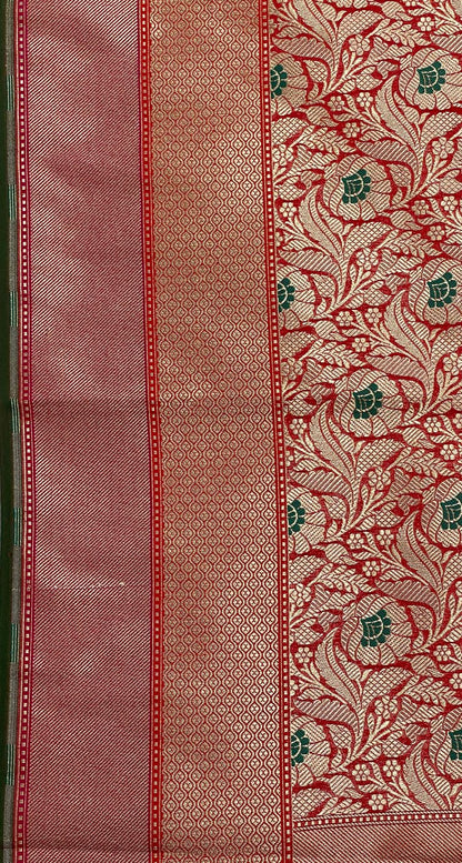 Faishana Presents Red Katan Silk Floral Zari Mina Jaal with Banarasi Zari 2D Border and Pallu with Red Blouse