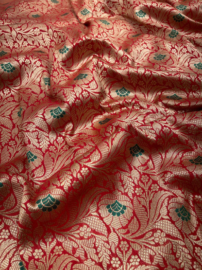 Faishana Presents Red Katan Silk Floral Zari Mina Jaal with Banarasi Zari 2D Border and Pallu with Red Blouse