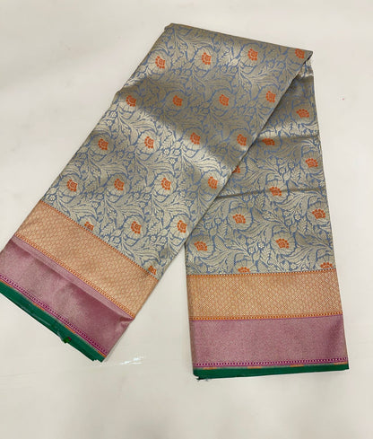 Faishana Presents Sky Blue Katan Silk Floral Zari Mina Jaal with Banarasi Zari 2D Border and Pallu with Sky Blue Blouse