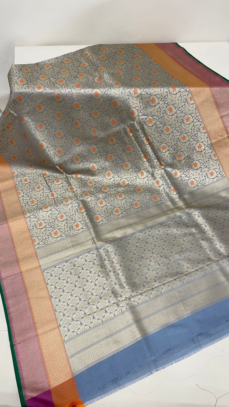Faishana Presents Sky Blue Katan Silk Floral Zari Mina Jaal with Banarasi Zari 2D Border and Pallu with Sky Blue Blouse