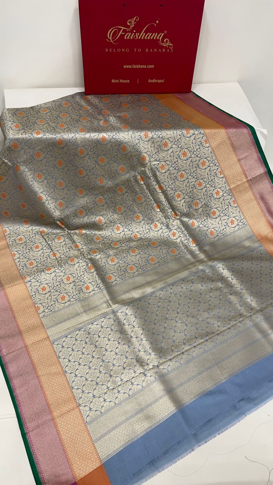 Faishana Presents Sky Blue Katan Silk Floral Zari Mina Jaal with Banarasi Zari 2D Border and Pallu with Sky Blue Blouse