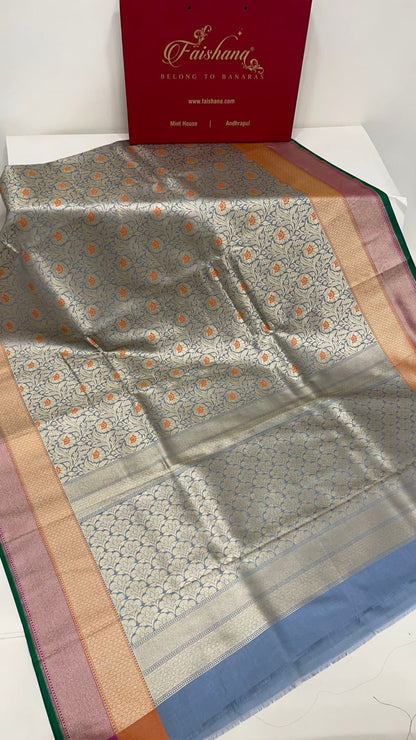 Faishana Presents Sky Blue Katan Silk Floral Zari Mina Jaal with Banarasi Zari 2D Border and Pallu with Sky Blue Blouse