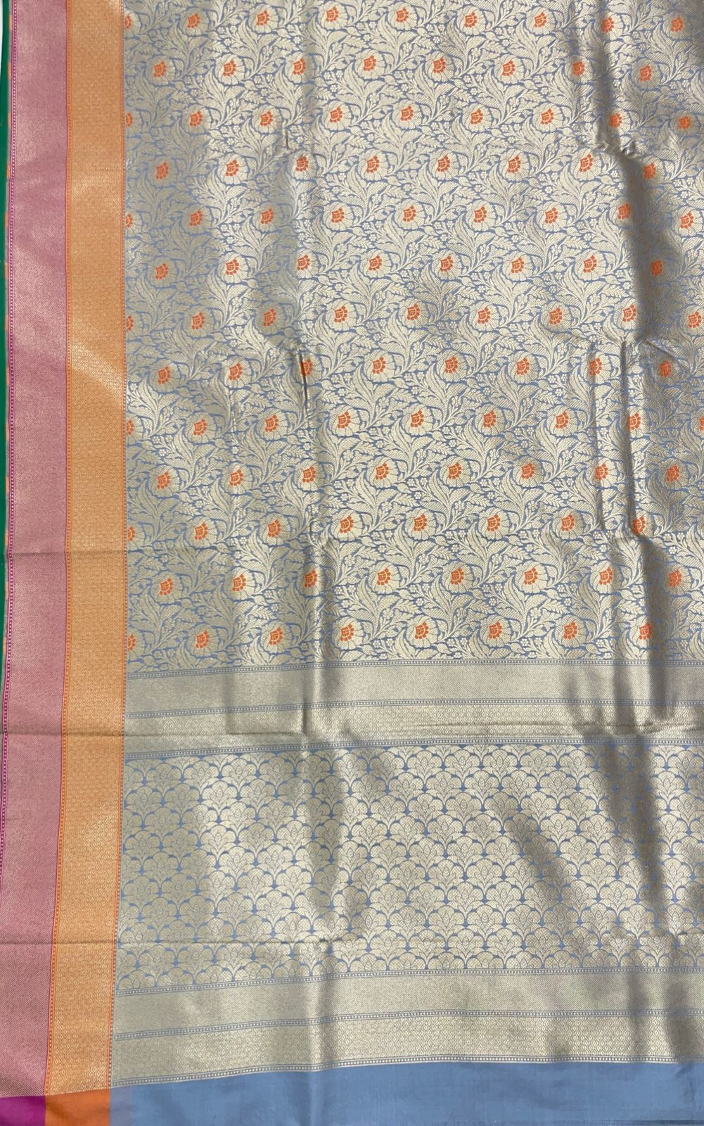 Faishana Presents Sky Blue Katan Silk Floral Zari Mina Jaal with Banarasi Zari 2D Border and Pallu with Sky Blue Blouse