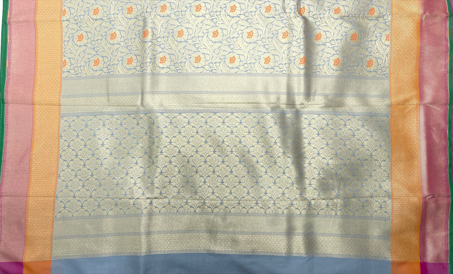 Faishana Presents Sky Blue Katan Silk Floral Zari Mina Jaal with Banarasi Zari 2D Border and Pallu with Sky Blue Blouse