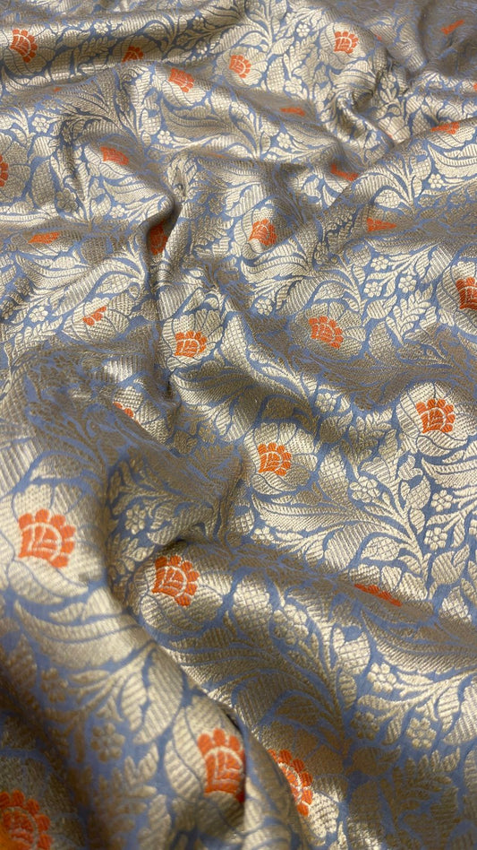 Faishana Presents Sky Blue Katan Silk Floral Zari Mina Jaal with Banarasi Zari 2D Border and Pallu with Sky Blue Blouse