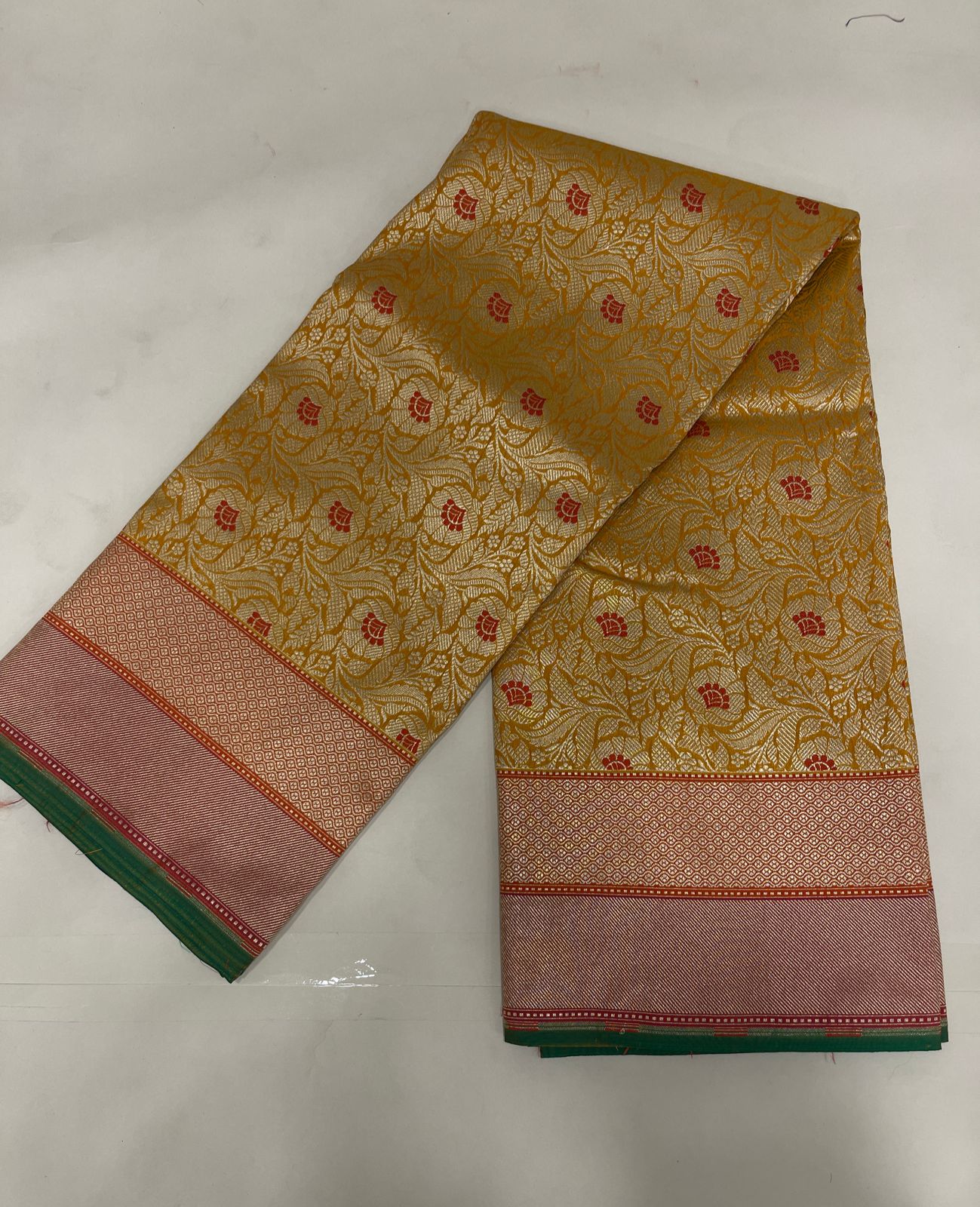 Faishana Presents Gold Katan Silk Floral Zari Mina Jaal with Banarasi Zari 2D Border and Pallu with Gold Blouse