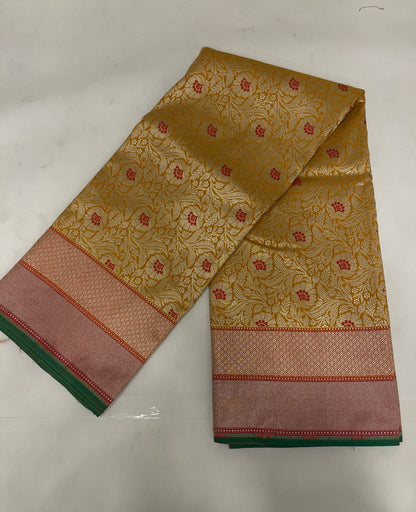 Faishana Presents Gold Katan Silk Floral Zari Mina Jaal with Banarasi Zari 2D Border and Pallu with Gold Blouse
