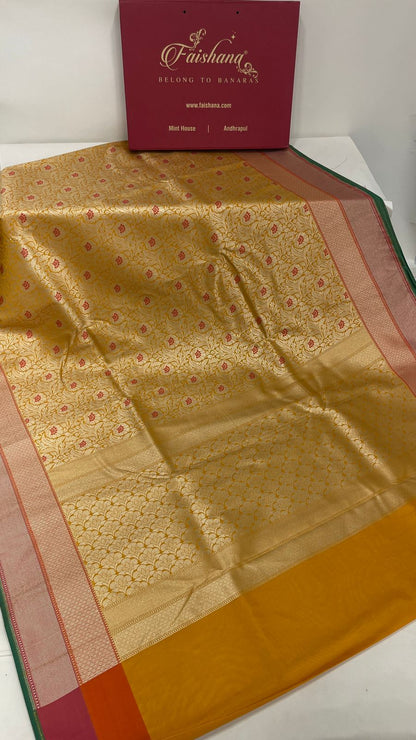 Faishana Presents Gold Katan Silk Floral Zari Mina Jaal with Banarasi Zari 2D Border and Pallu with Gold Blouse