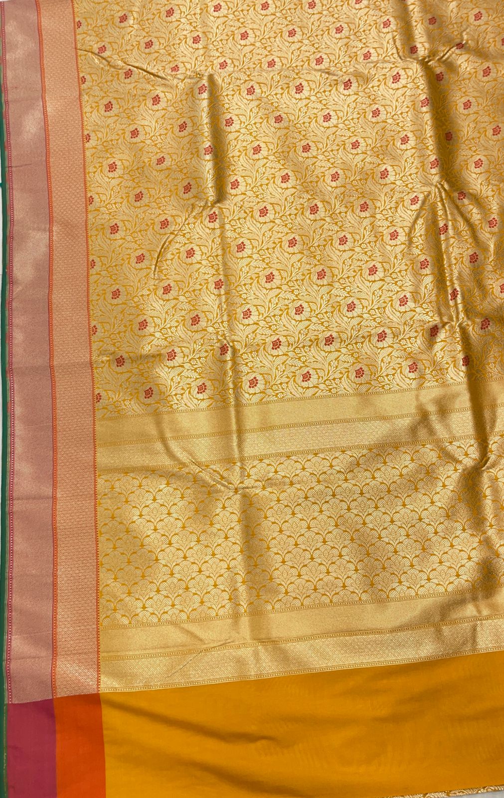 Faishana Presents Gold Katan Silk Floral Zari Mina Jaal with Banarasi Zari 2D Border and Pallu with Gold Blouse