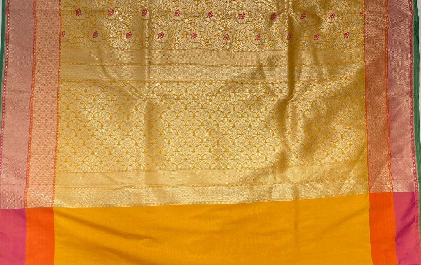 Faishana Presents Gold Katan Silk Floral Zari Mina Jaal with Banarasi Zari 2D Border and Pallu with Gold Blouse