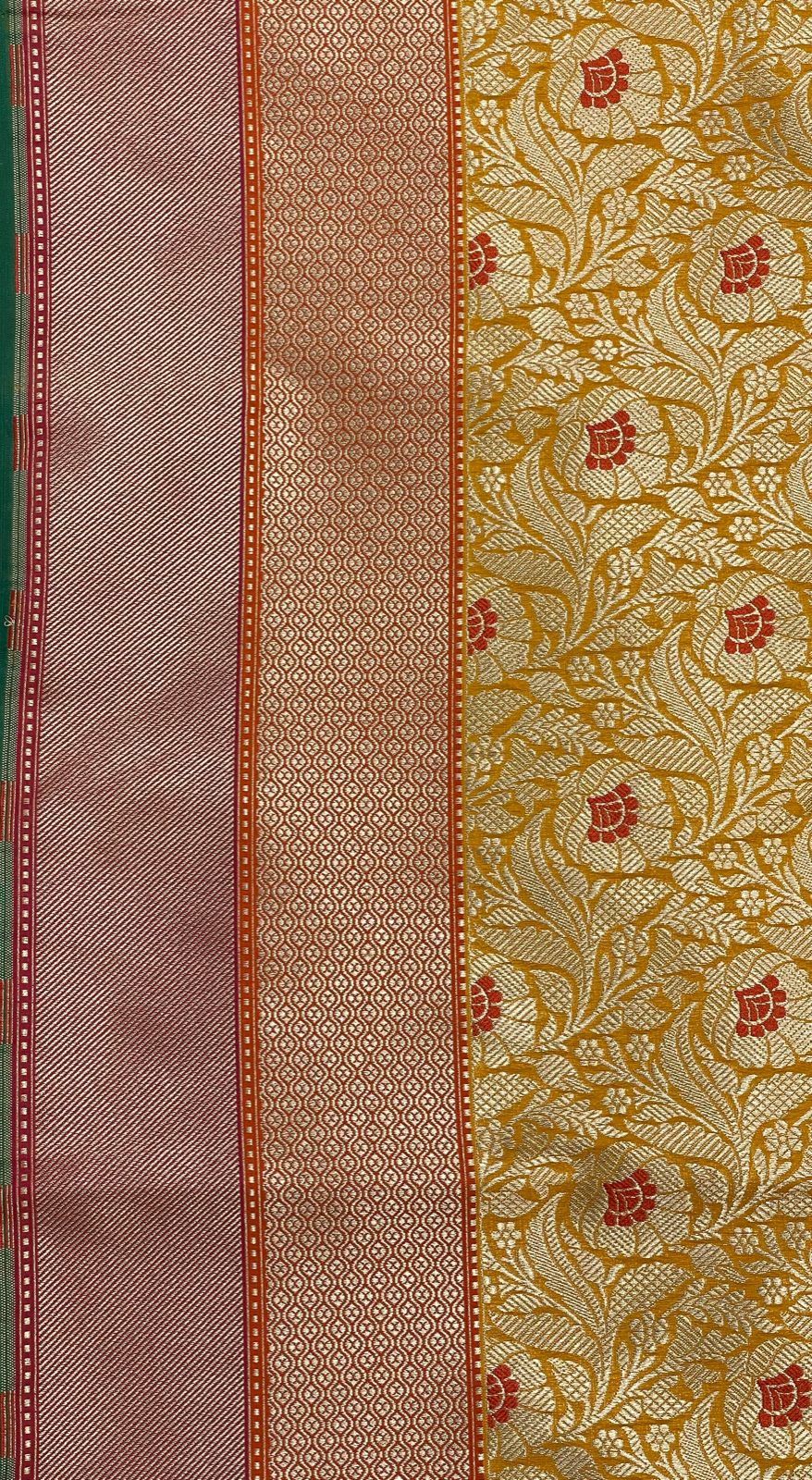 Faishana Presents Gold Katan Silk Floral Zari Mina Jaal with Banarasi Zari 2D Border and Pallu with Gold Blouse