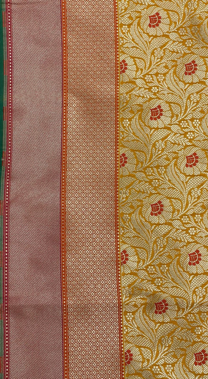 Faishana Presents Gold Katan Silk Floral Zari Mina Jaal with Banarasi Zari 2D Border and Pallu with Gold Blouse