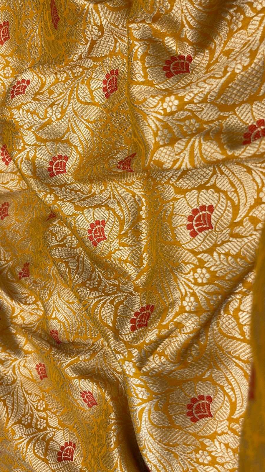 Faishana Presents Gold Katan Silk Floral Zari Mina Jaal with Banarasi Zari 2D Border and Pallu with Gold Blouse