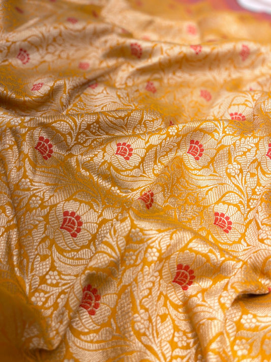 Faishana Presents Gold Katan Silk Floral Zari Mina Jaal with Banarasi Zari 2D Border and Pallu with Gold Blouse