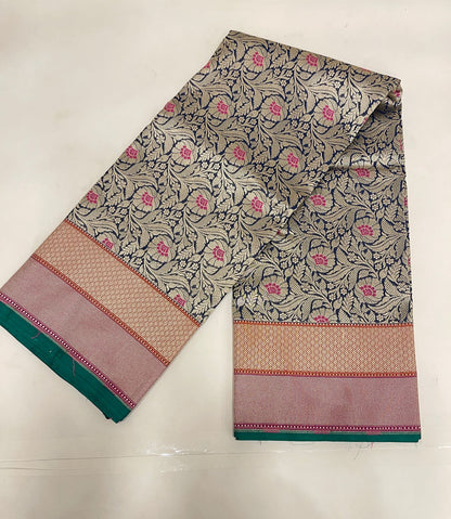 Faishana Presents Navy Blue Katan Silk Floral Zari Mina Jaal with Banarasi Zari 2D Border and Pallu with Navy Blue Blouse
