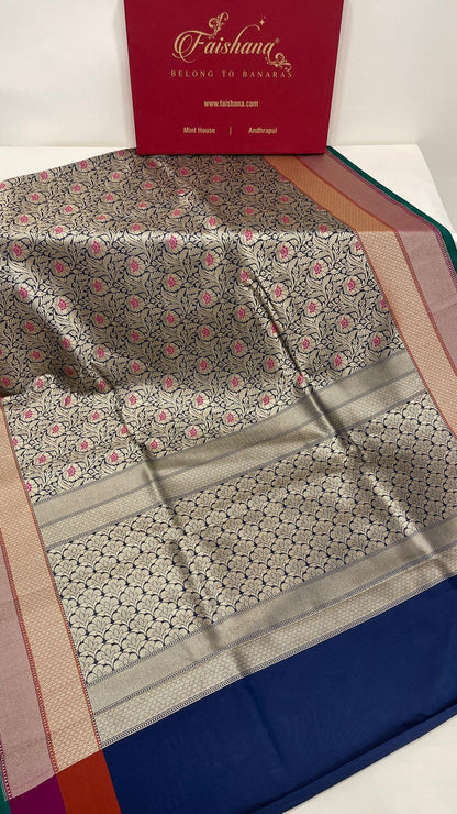 Faishana Presents Navy Blue Katan Silk Floral Zari Mina Jaal with Banarasi Zari 2D Border and Pallu with Navy Blue Blouse