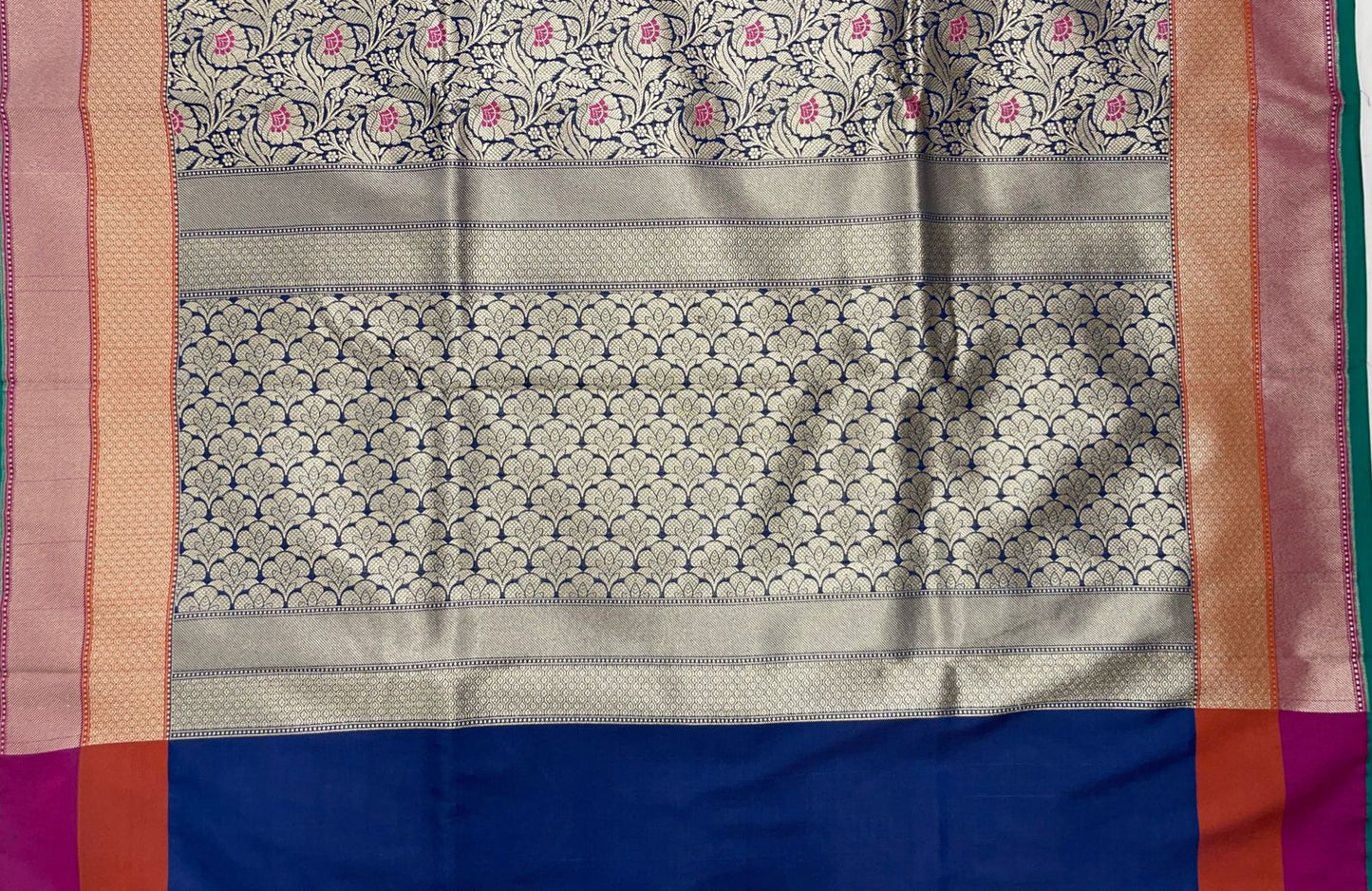 Faishana Presents Navy Blue Katan Silk Floral Zari Mina Jaal with Banarasi Zari 2D Border and Pallu with Navy Blue Blouse