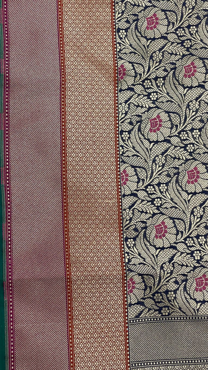 Faishana Presents Navy Blue Katan Silk Floral Zari Mina Jaal with Banarasi Zari 2D Border and Pallu with Navy Blue Blouse