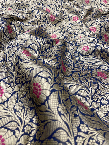 Faishana Presents Navy Blue Katan Silk Floral Zari Mina Jaal with Banarasi Zari 2D Border and Pallu with Navy Blue Blouse