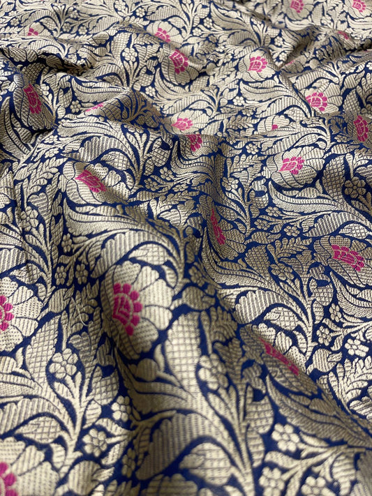 Faishana Presents Navy Blue Katan Silk Floral Zari Mina Jaal with Banarasi Zari 2D Border and Pallu with Navy Blue Blouse