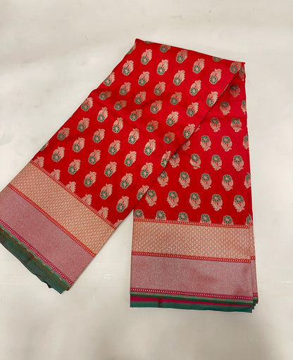 Faishana Presents Red Katan Silk Floral Zari Mina Booti with Banarasi 2D Zari Border and Floral Pallu with Red Blouse