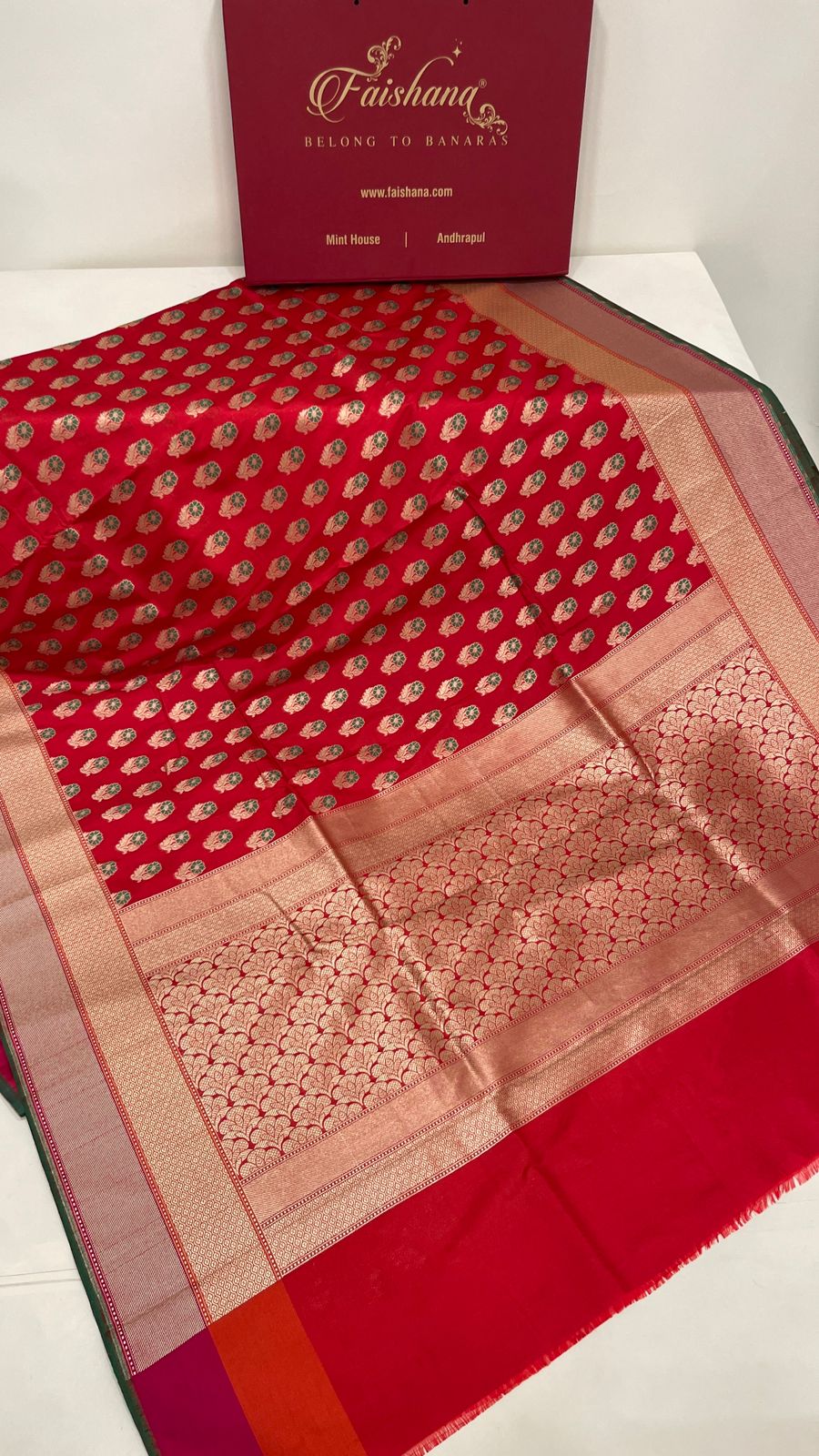 Faishana Presents Red Katan Silk Floral Zari Mina Booti with Banarasi 2D Zari Border and Floral Pallu with Red Blouse