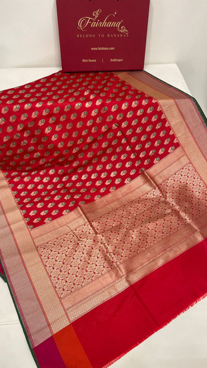 Faishana Presents Red Katan Silk Floral Zari Mina Booti with Banarasi 2D Zari Border and Floral Pallu with Red Blouse