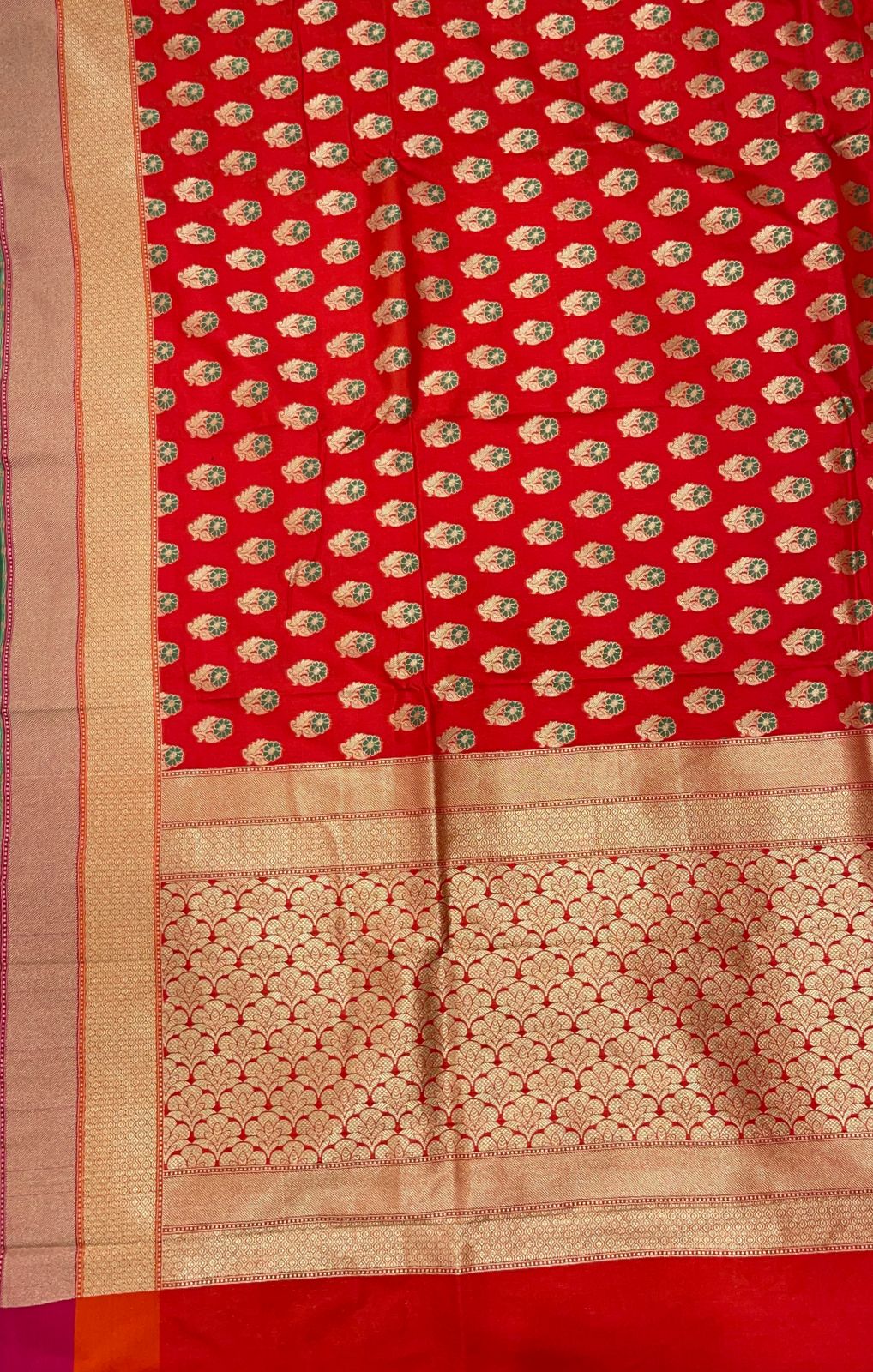 Faishana Presents Red Katan Silk Floral Zari Mina Booti with Banarasi 2D Zari Border and Floral Pallu with Red Blouse