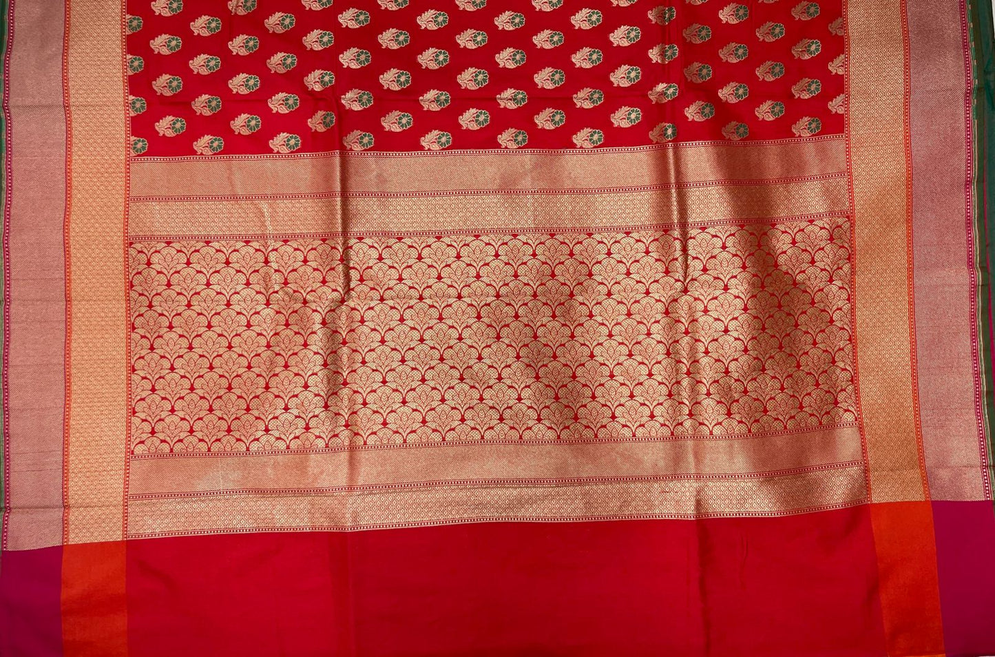 Faishana Presents Red Katan Silk Floral Zari Mina Booti with Banarasi 2D Zari Border and Floral Pallu with Red Blouse