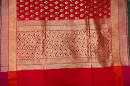 Faishana Presents Red Katan Silk Floral Zari Mina Booti with Banarasi 2D Zari Border and Floral Pallu with Red Blouse