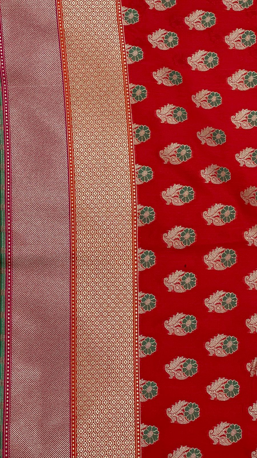 Faishana Presents Red Katan Silk Floral Zari Mina Booti with Banarasi 2D Zari Border and Floral Pallu with Red Blouse