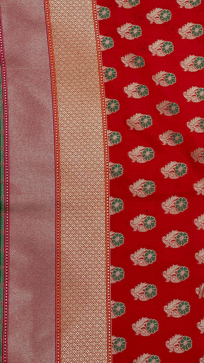 Faishana Presents Red Katan Silk Floral Zari Mina Booti with Banarasi 2D Zari Border and Floral Pallu with Red Blouse