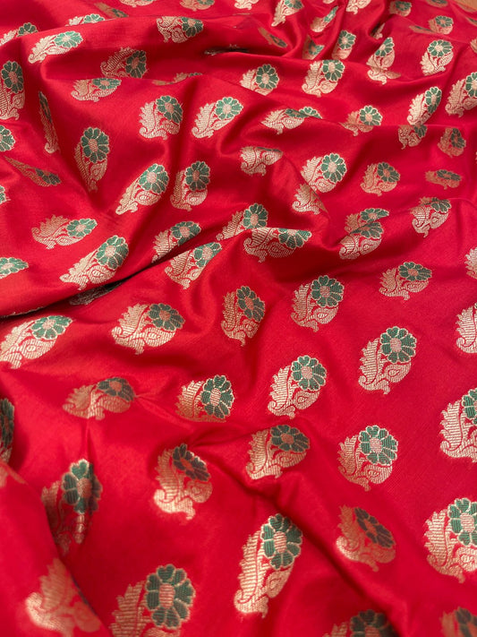 Faishana Presents Red Katan Silk Floral Zari Mina Booti with Banarasi 2D Zari Border and Floral Pallu with Red Blouse