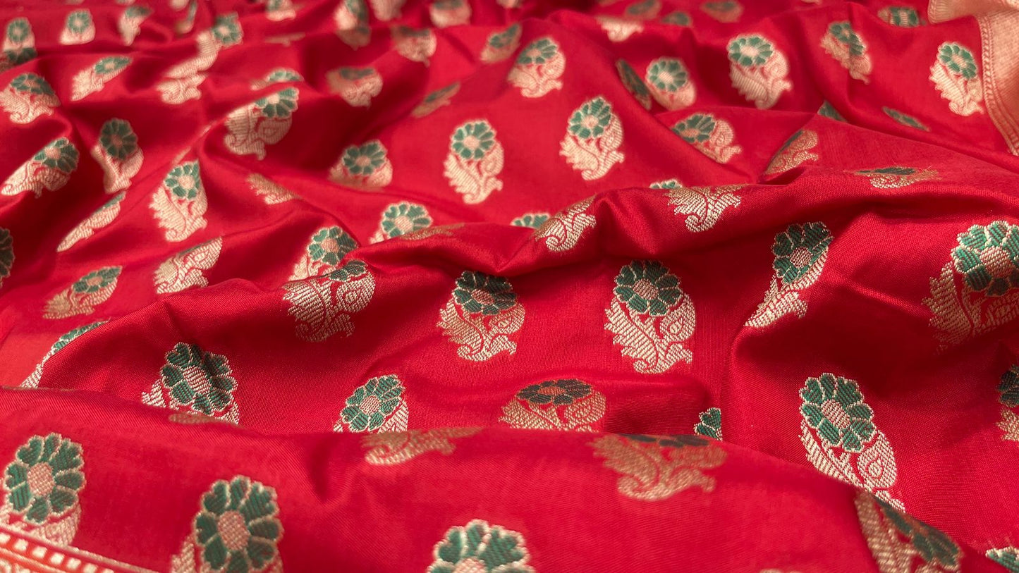 Faishana Presents Red Katan Silk Floral Zari Mina Booti with Banarasi 2D Zari Border and Floral Pallu with Red Blouse