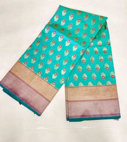 Faishana Presents Sea Green Katan Silk Floral Zari Mina Booti with Banarasi 2D Zari Border and Floral Pallu with Sea Green Blouse