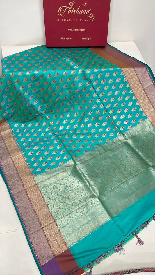 Faishana Presents Sea Green Katan Silk Floral Zari Mina Booti with Banarasi 2D Zari Border and Floral Pallu with Sea Green Blouse