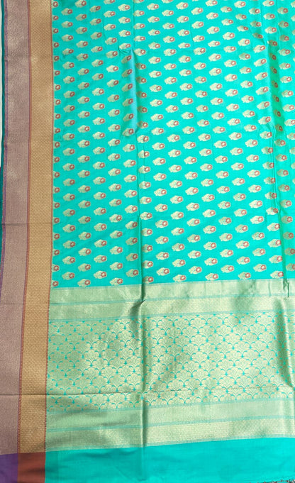 Faishana Presents Sea Green Katan Silk Floral Zari Mina Booti with Banarasi 2D Zari Border and Floral Pallu with Sea Green Blouse