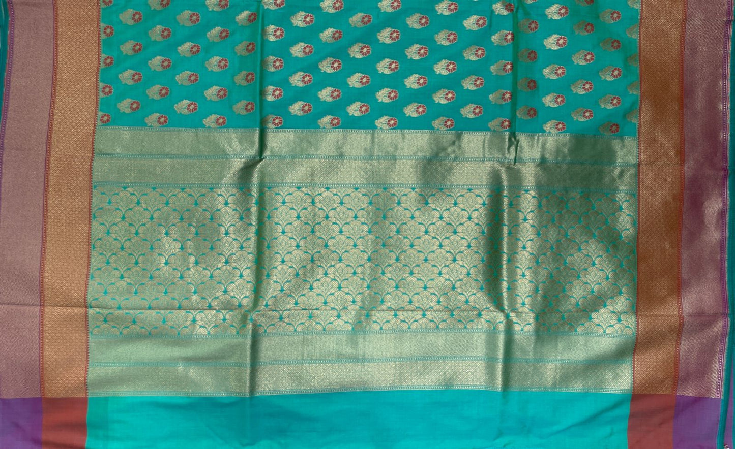 Faishana Presents Sea Green Katan Silk Floral Zari Mina Booti with Banarasi 2D Zari Border and Floral Pallu with Sea Green Blouse