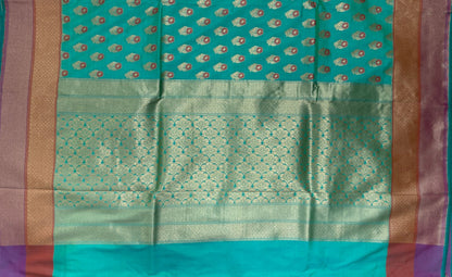 Faishana Presents Sea Green Katan Silk Floral Zari Mina Booti with Banarasi 2D Zari Border and Floral Pallu with Sea Green Blouse