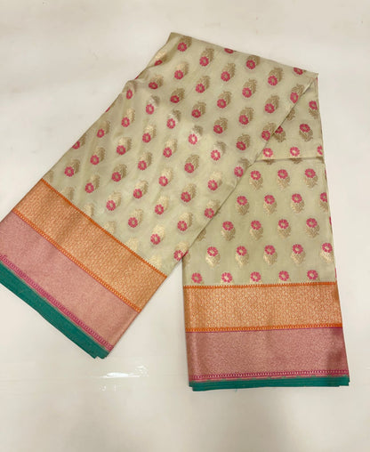 Faishana Presents Off-white Katan Silk Floral Zari Mina Booti with Banarasi 2D Zari Border and Floral Pallu with Off-white Blouse
