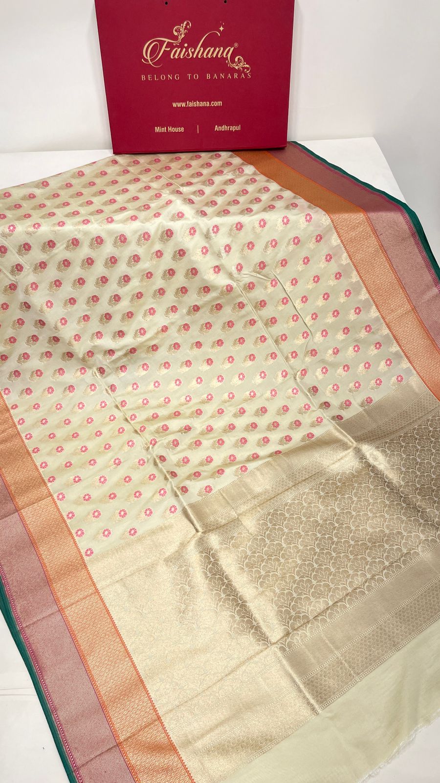Faishana Presents Off-white Katan Silk Floral Zari Mina Booti with Banarasi 2D Zari Border and Floral Pallu with Off-white Blouse